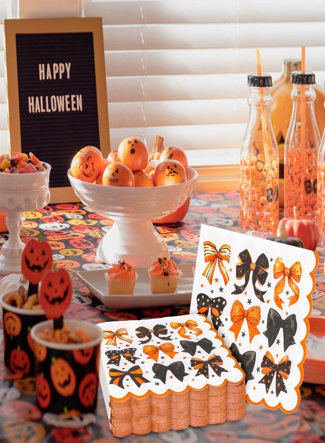 Whaline 50 Pcs Halloween Bow Paper Napkins Black Orange Bowknot Scalloped Disposable Napkins Luncheon Dinner Napkin for Birthday Trick or Treat Party Table Supplies - Image 5